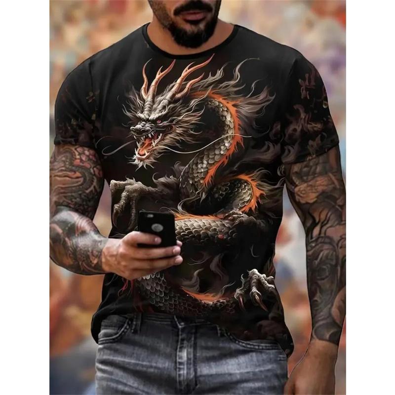 Vintage Chinese Loong Pattern T-Shirt for Men Dragon Skull 3D Printed T Shirts Summer Loose Street Tops O-Neck Short Sleeve Tees