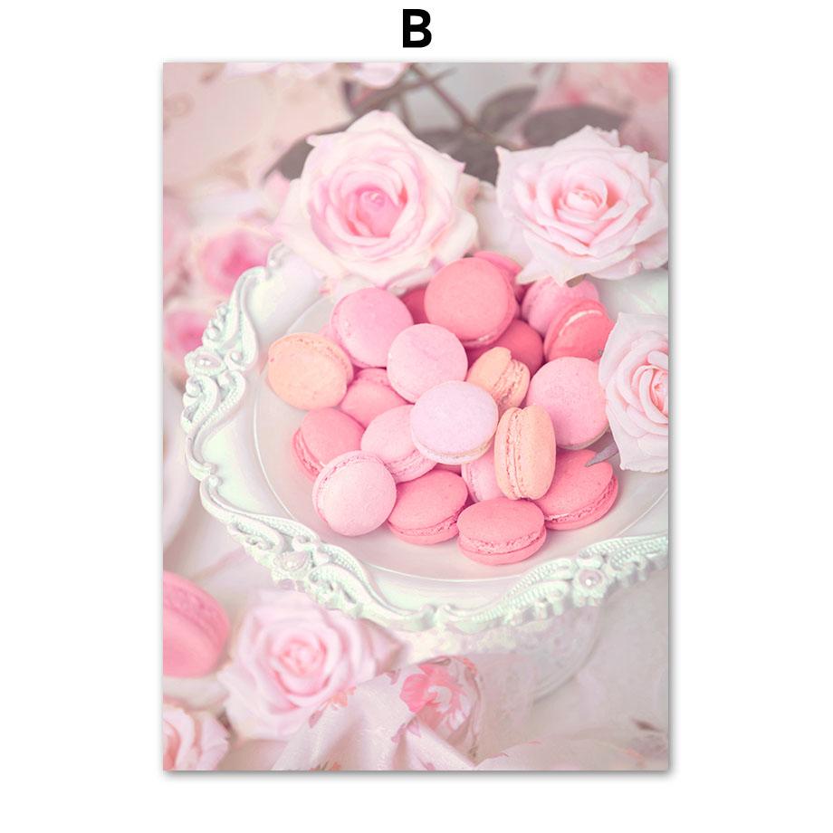 Pink Rose Paris Tower Posters and Prints Vintage Car Macaron Cake Wall Art Canvas Painting Wall Pictures for Living Room Decor