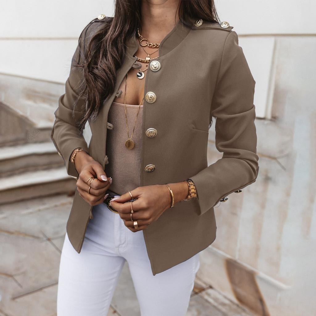 Chaqueta corta de traje pequeño de manga larga de color sólido informal para mujer