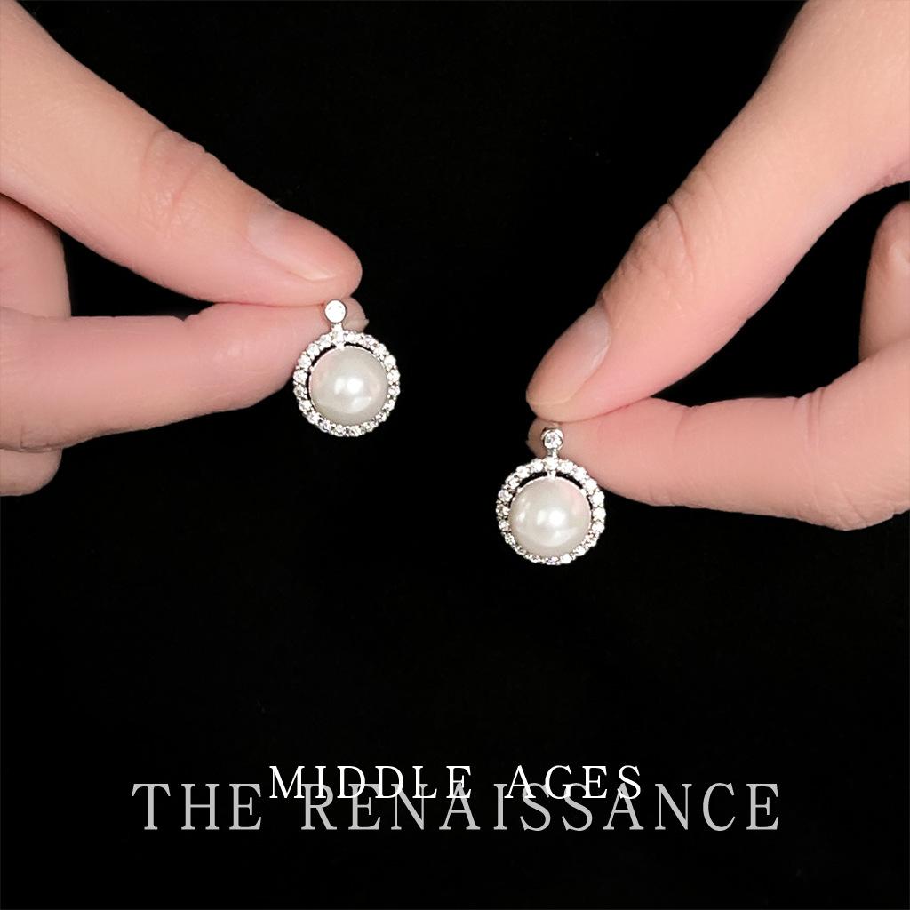 Medieval glass pearl zircon stud earrings French retro earrings simple earrings