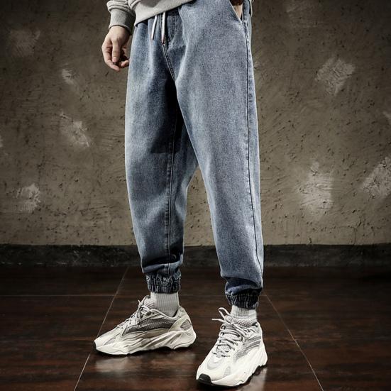 Mid-Rise Elastic Waistband Drawstring Shrinkable Cuffs Casual Jeans Men Multi Pockets Hip Hop Denim Jogging Pants Streetwear