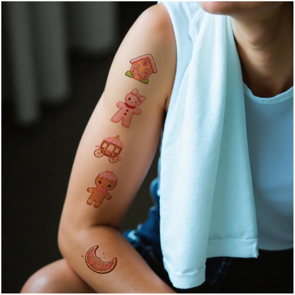 54pcs Temporary Tattoo Gingerbread Man Waterproof Long-lasting Body Stickers Gingerbread Character Gingerbread House Cartoon