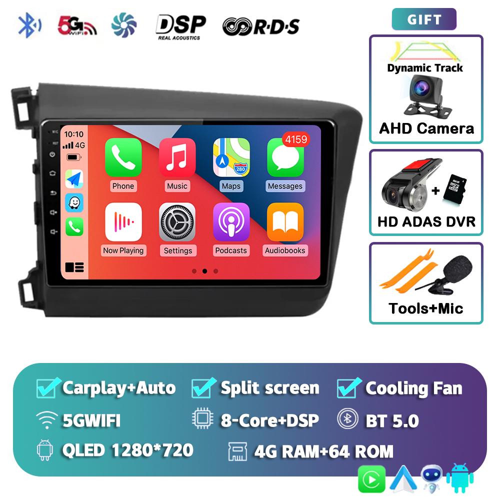 Android 14 Carplay Auto WIFI+4G Car Radio For Honda Civic 2012 2013 2014 2015 Multimedia Player Stereo GPS Head Unit No DVD 2Din