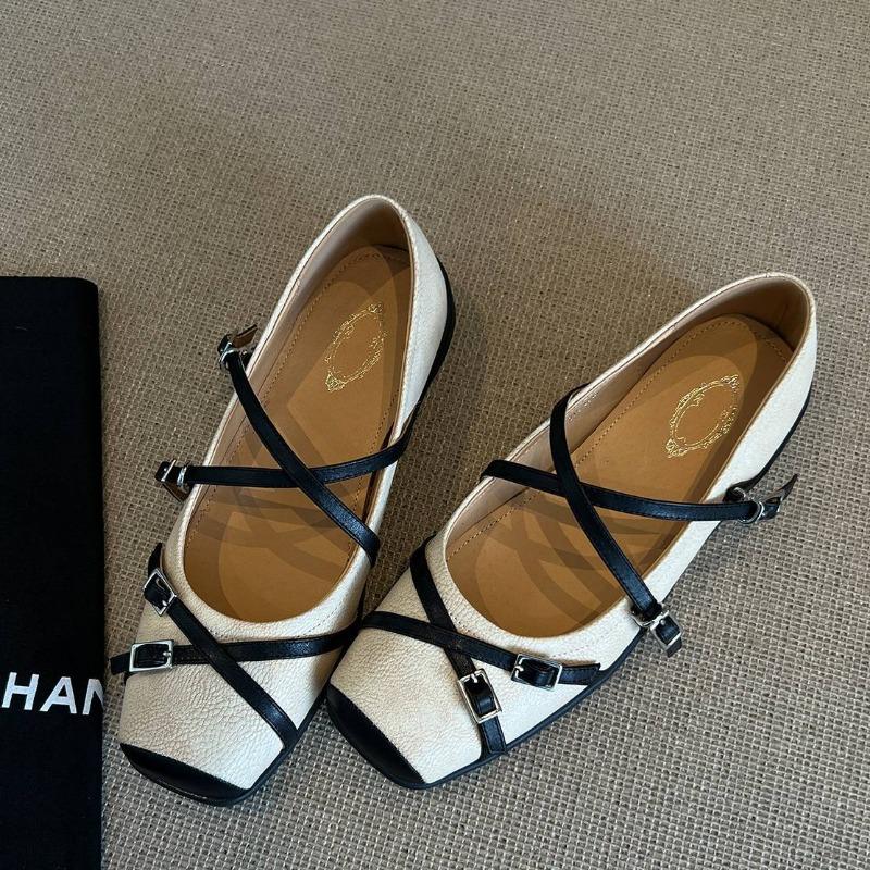 Sheepskin version~ cross strap square head sports ballet shoes women's retro temperament shallow mouth Mary Jane shoes flat shoes