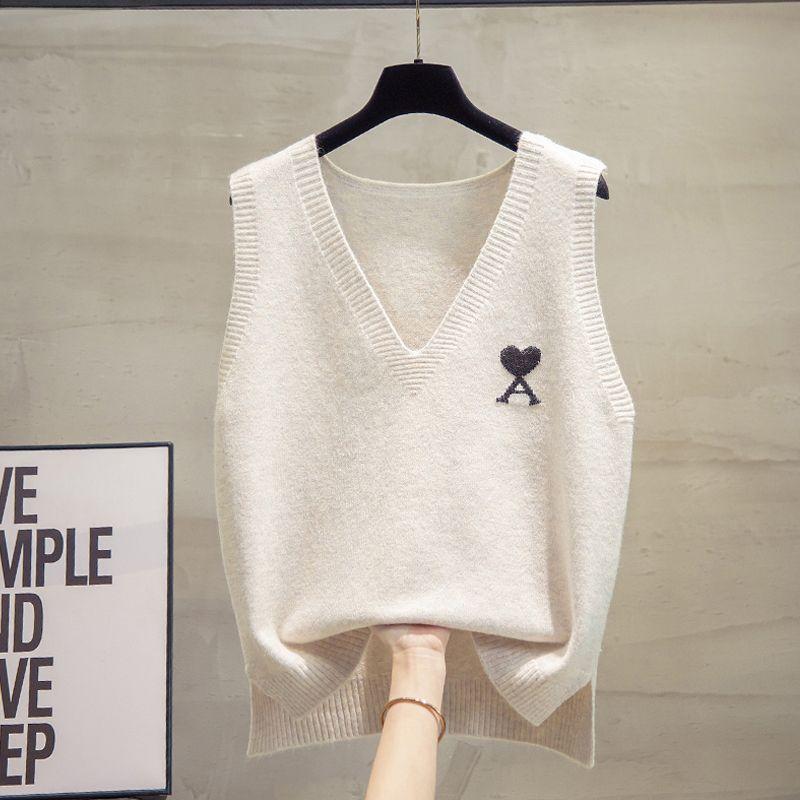 

V-образный вырез однотонный трикотажный жилет женский свободный трикотажный пуловер теплая трикотажная нижняя рубашка свободный повседневный топ для поездок на работу осень XL покинуть белый