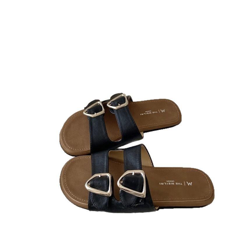 Slippers women's summer outer wear fashionable new niche versatile belt buckle casual flat beach one-word cool slippers