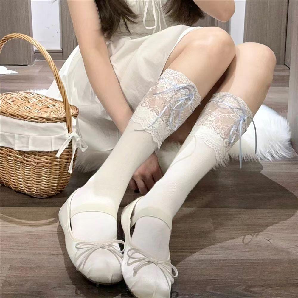 Lolita Lace Knee Socks White Women'S Ribbon Bow Medium Stockings Jk Autumn Thin Calf Socks