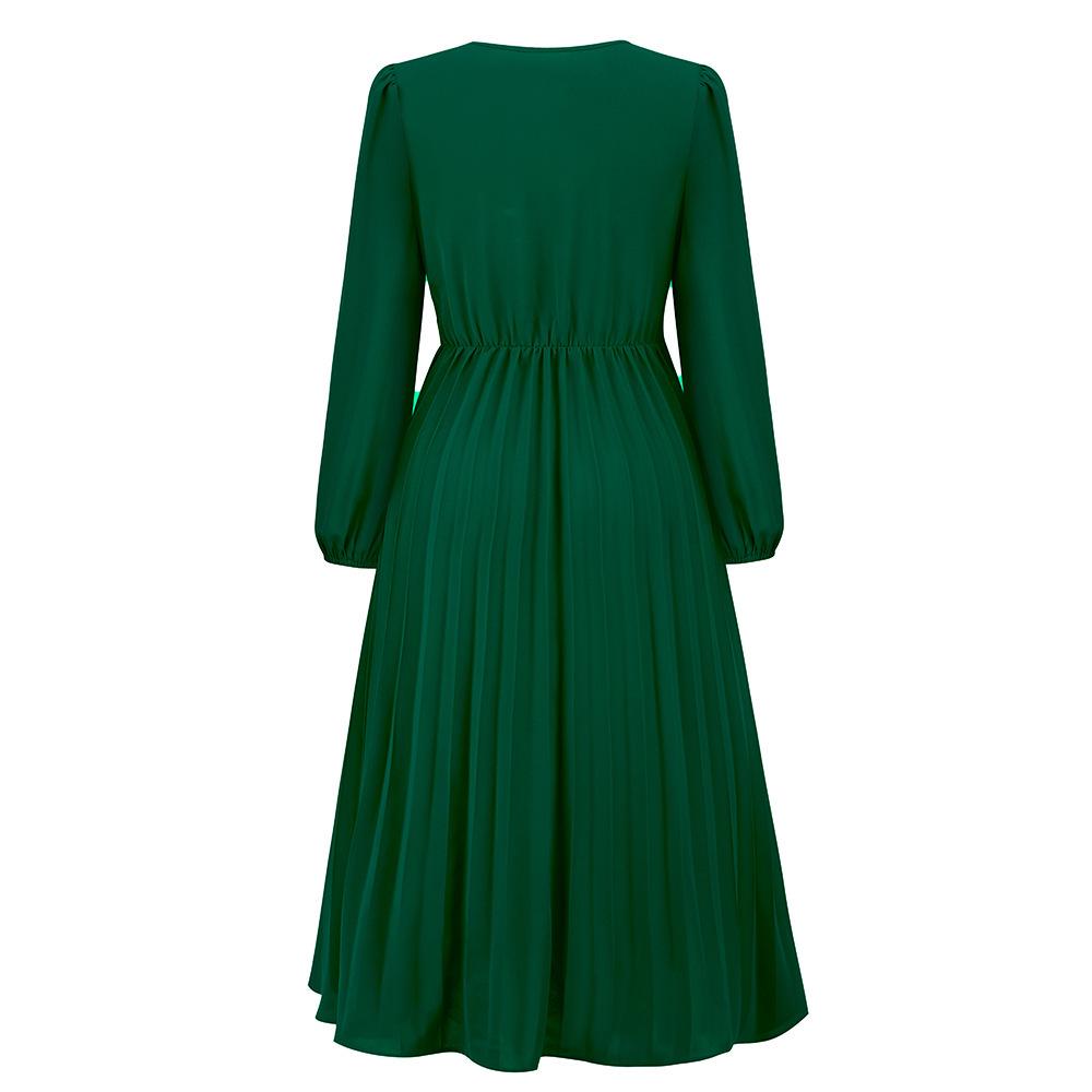 2022 European & American Slim Fit V-Neck A-Line Dress with Belt & Pleated Long Sleeves for Women