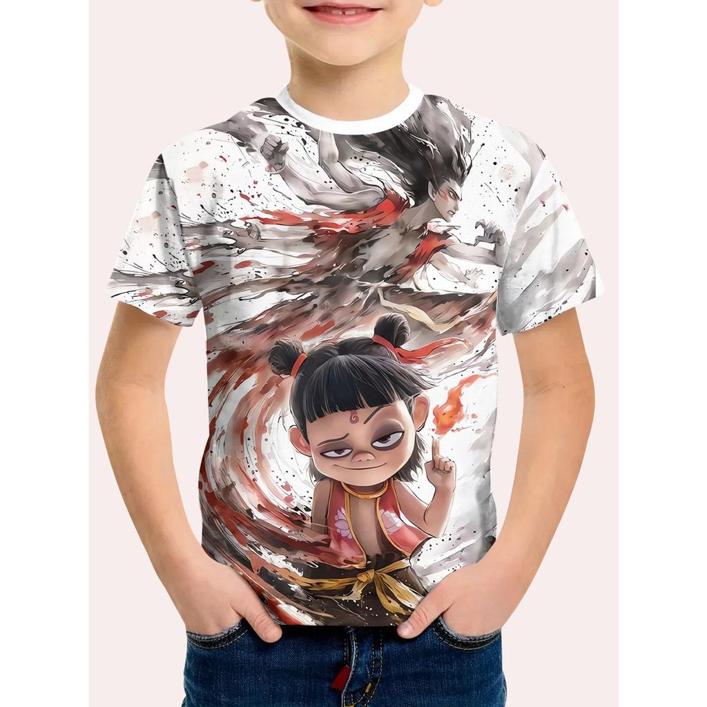 Summer Round Neck Animated Character Nezha 3D Printed Top Fashionable Casual Short Sleeved Children's Boy T-shirts