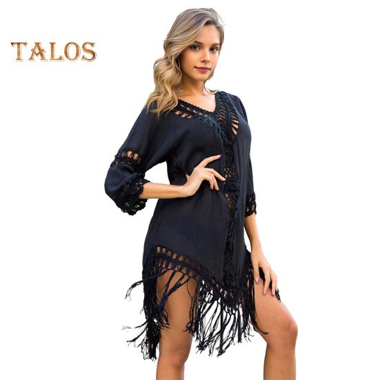 

Женское пляжное платье с v-образным вырезом и половиной рукавом с открытой спиной, однотонное свободное платье с полой крючком и кисточкой, анти-УФ-отпускное платье чёрный