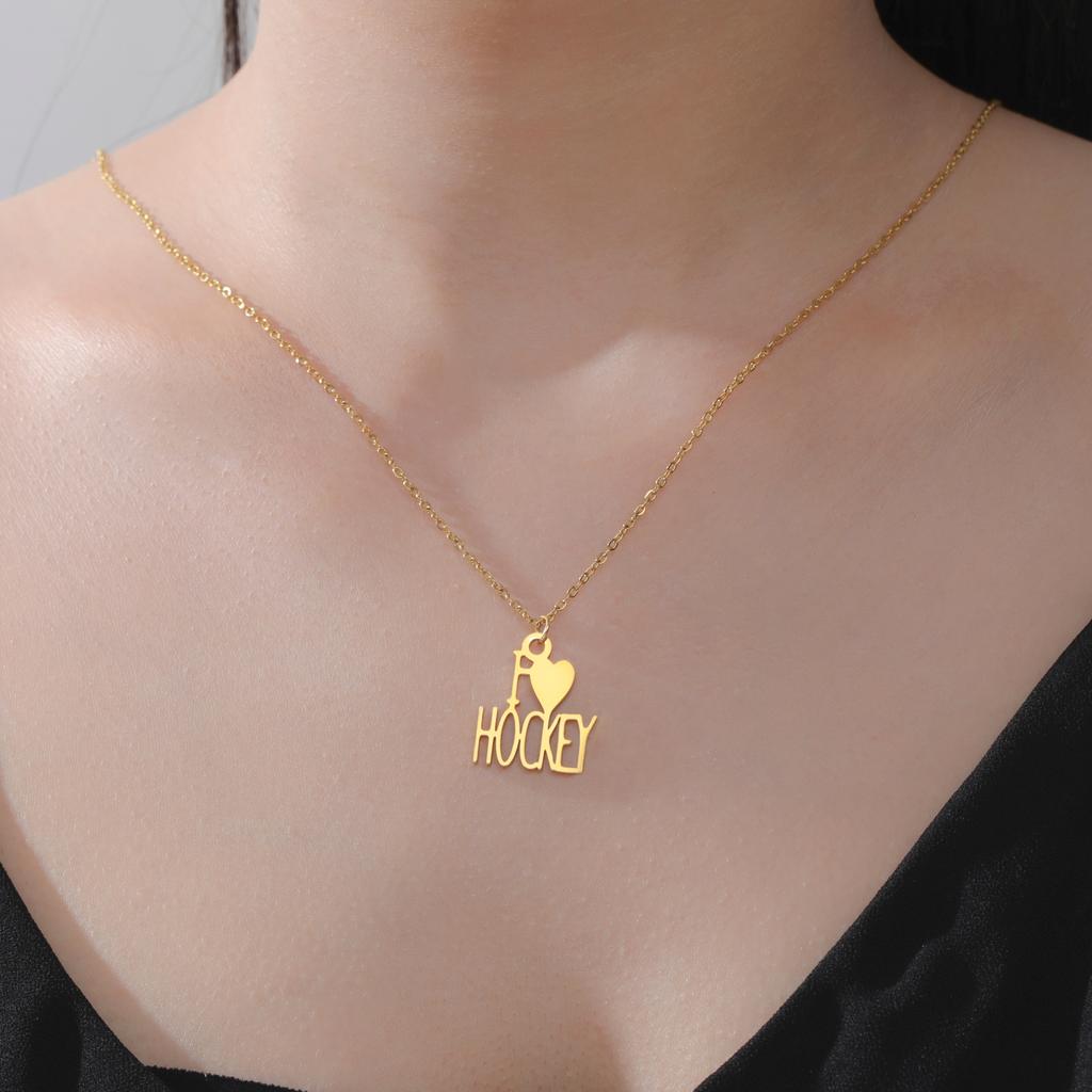 My Shape Fashion Letters I Love Hockey Pendant Necklaces Stainless Steel Heart Charm Chain Choker Jewelry Gifts for Hockey Fans