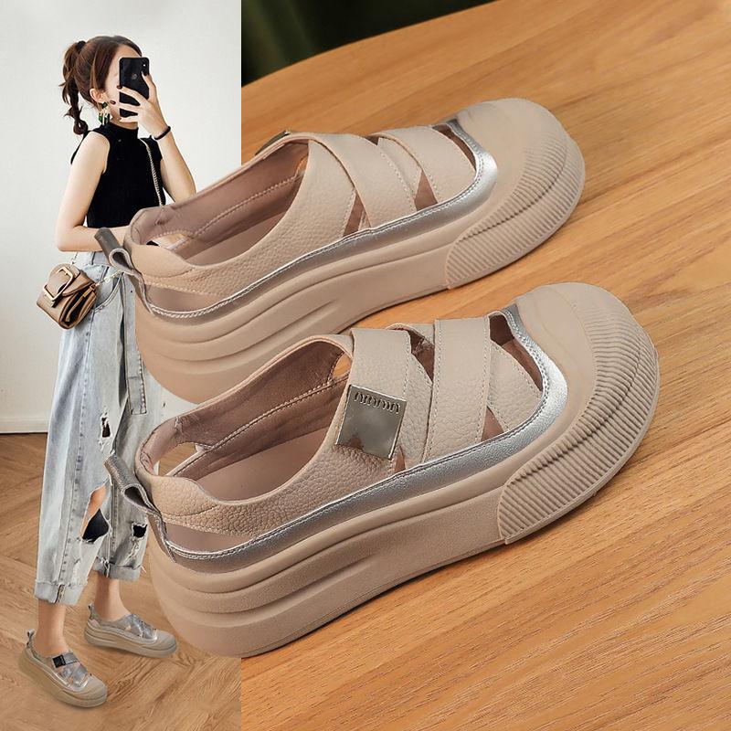 In summer, the new thick-soled heightening baotou sandals for women are hollowed out and breathable, and Roman weaving is popular.