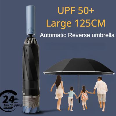 Windproof Strong 125Cm Large 10 Bone 3 Folding Reverse Umbrella For Men Safety Reflective Stripe Rain And Sunshade Big Umbrellas