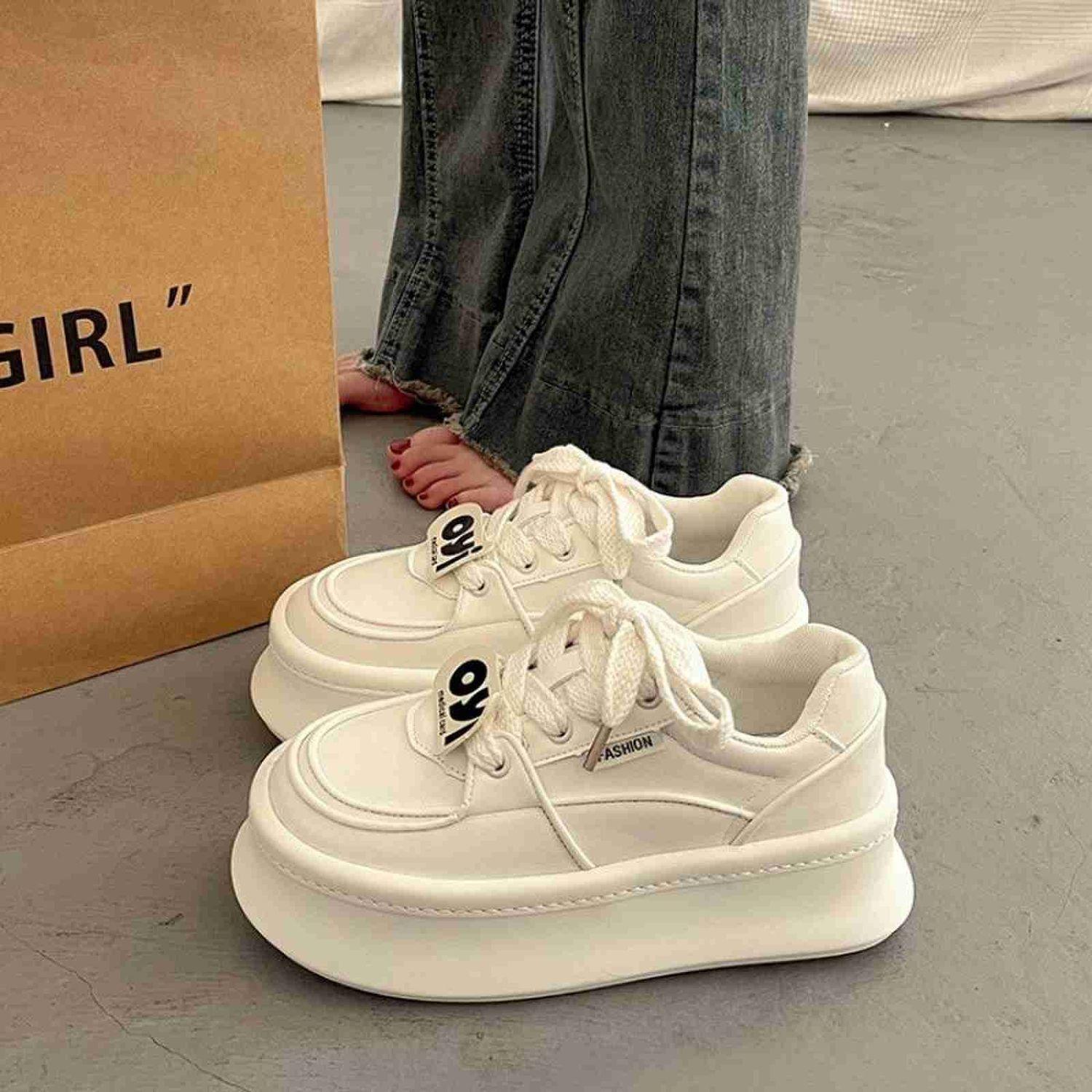 

Thick-soled spring and autumn new round head lace-up heightening muffin sports and leisure board shoes 35 белый