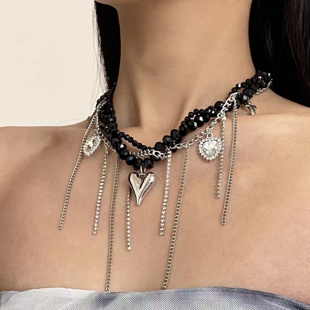 Punk Heart Pendant Necklace Transparent Y2K Crystal Necklace Fashion Beaded Rhinestone Choker  Gift