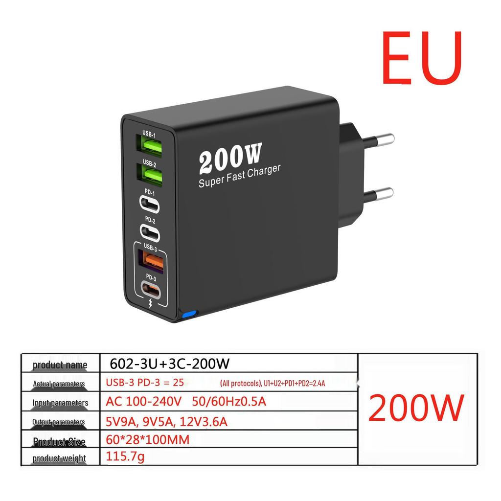 200W Multi-Port Charger - 3 USB & 3 PD Ports, Six-in-One Fast Charging for Phones (5V 2.4A), EU/US/UK Compatible