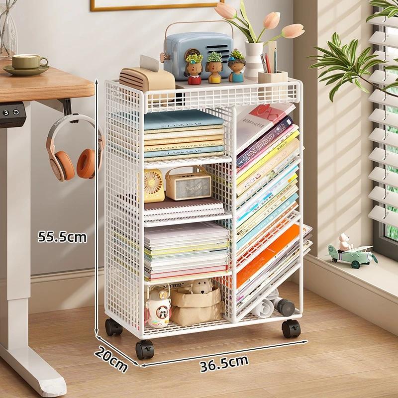 Передвижная книжная тележка - Металлическая мобильная книжная полка, Органайзер для стола и Угловая полка-витрина, Компактная передвижная тележка для дома, Библиотеки белый
