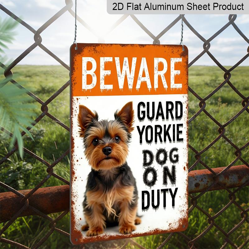 2D Flat, Yorkshire Terrier Warning Metal Sign, Decorative Aluminum Sign and Plaque, 8x12 Inches - Rustic "Beware of Guarding Yorkie" Wall Art