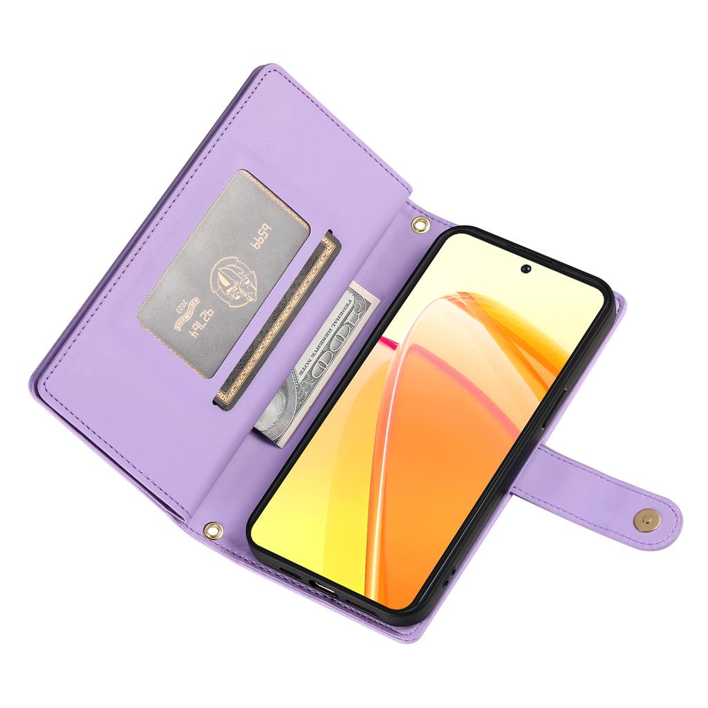 For Oppo Reno14 5G (Global) Case Zipper Pocket Wallet Leather Phone Cover with Straps