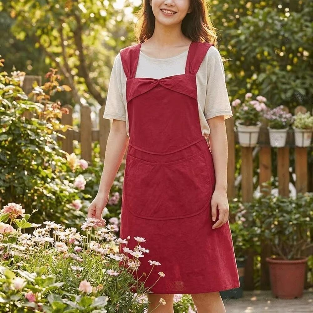 Solid Color Women Apron Adjustable Bow Strap Baking Apron Korean Style Kitchen Apron For Baking