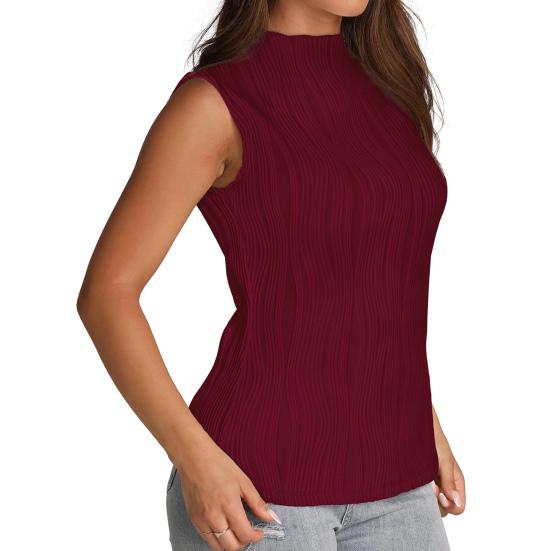 Women Summer Vest Solid Color Half Turtle Neck Sleeveless Tank Top Striped Jacquard Texture