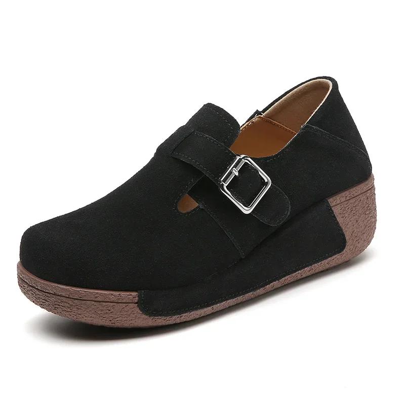 Women Flatform Moccasins Sneakers Ladies Slip-On Loafers Wedges Walking Shoes High Quality Thick Bottom Cow Suede Casual Shoes
