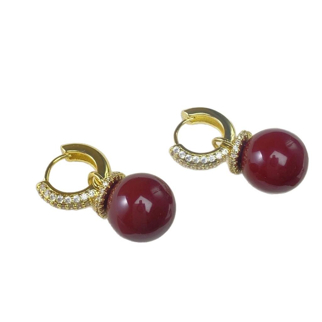 Wine Red Pearl Zircon Two-Way Earrings - Light Luxury Autumn/Winter Collection