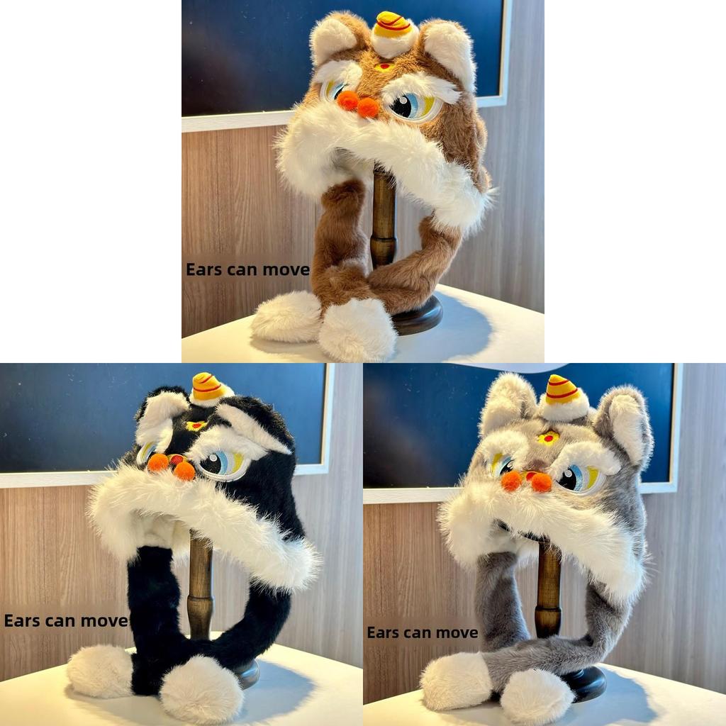 Lion Dance Plush Hat For Adults Warm Winter Earflap Beanie With Soft Faux Fur