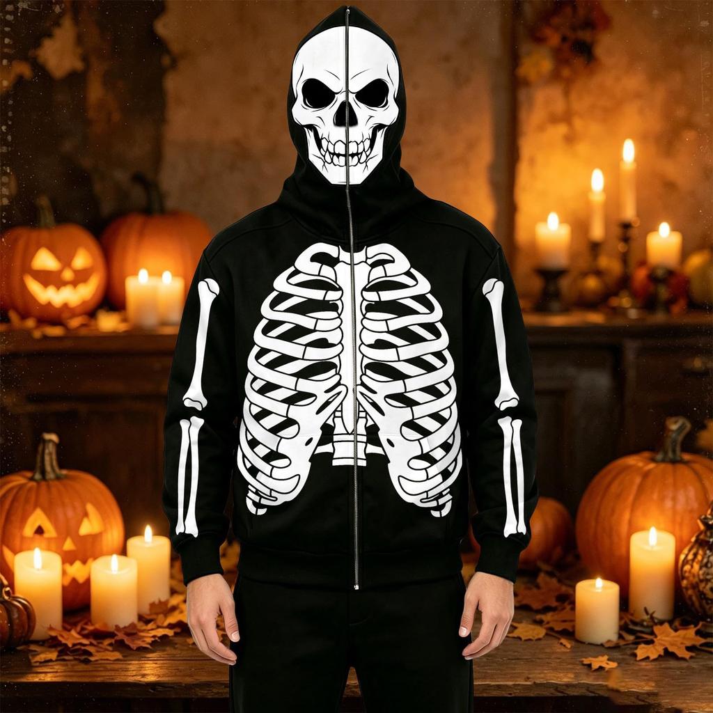 Men's Fashion Casual Halloween Print Hooded Jacket with Pockets for Fall and Winter