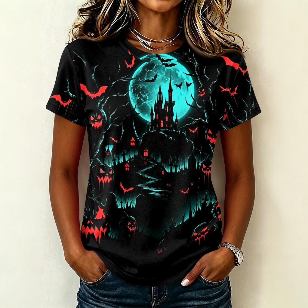 Women's Casual Pullover Short Sleeve T-Shirt Halloween Print Top Crew Neck Relaxed Fit Lightweight Tee for Everyday Wear