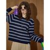 Coolhu Navy Blue Lazy Style Warm Color-Block Striped Knit Crew Neck New Women's Fashionable Versatile Sweater