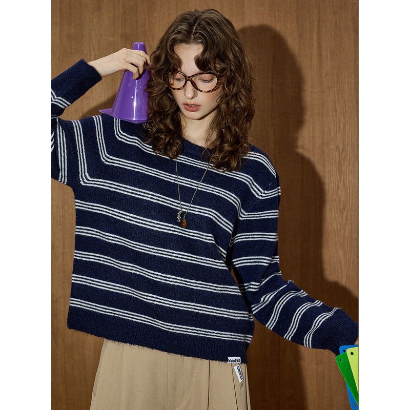 Coolhu Navy Blue Lazy Style Warm Color-Block Striped Knit Crew Neck New Women's Fashionable Versatile Sweater