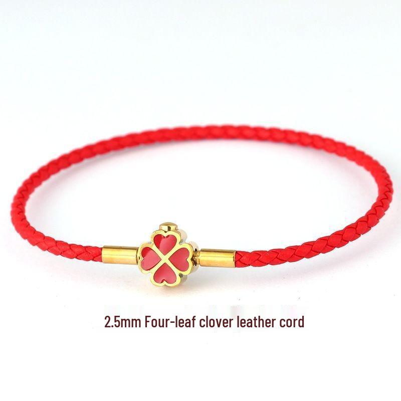 

Stainless Steel Leather Rope Bracelet with Clover Fu Charm and Beads 21cm
