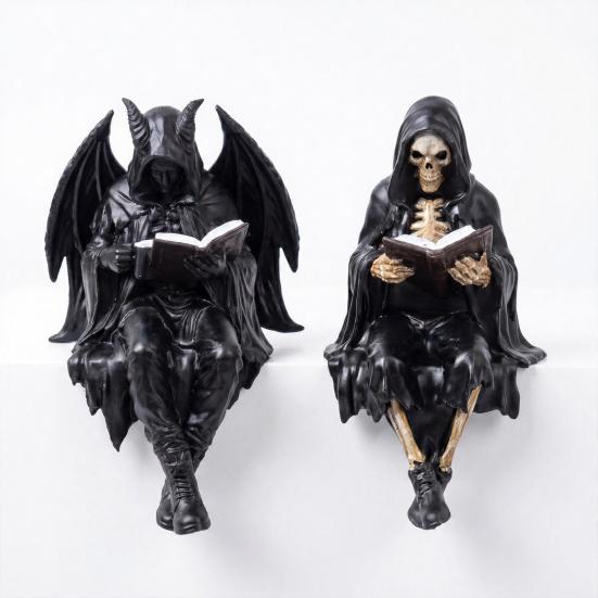 Yousheng Halloween Reading Book Skeleton Figurine, Spooky Reading Devil Resin Sculpture, Gothic Black Robe Grim Reaper Statue for Home