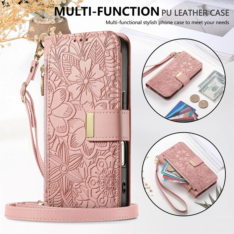 3-in-1 Crossbody Handyhülle aus PU-Leder mit floraler Prägung für OPPO/VIVO/Redmi 6 Kartenfächer + Reißverschluss-Münzfach + Ständer & Abnehmbarer langer Schultergurt