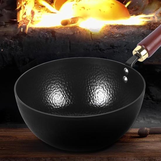 Hammered Texture Mini Iron Wok Coating-Free Frying Pan Non-Stick Flat Bottom Pan for Electric Induction Gas Stoves