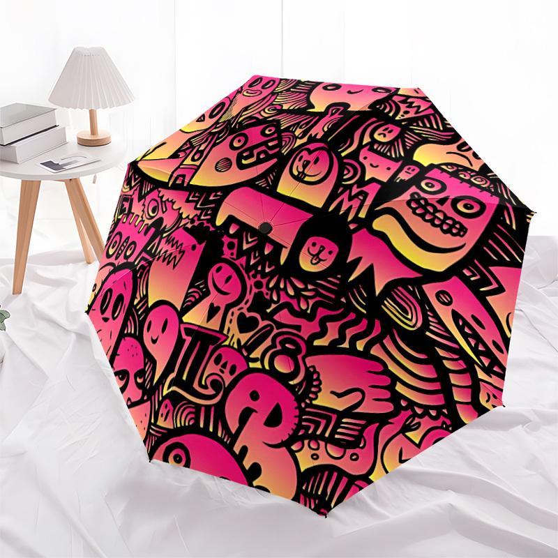1pc Doodle Monsters Automatic Open/Close Umbrella with Windproof, Functional Design, 8-Rib Sturdy Canopy