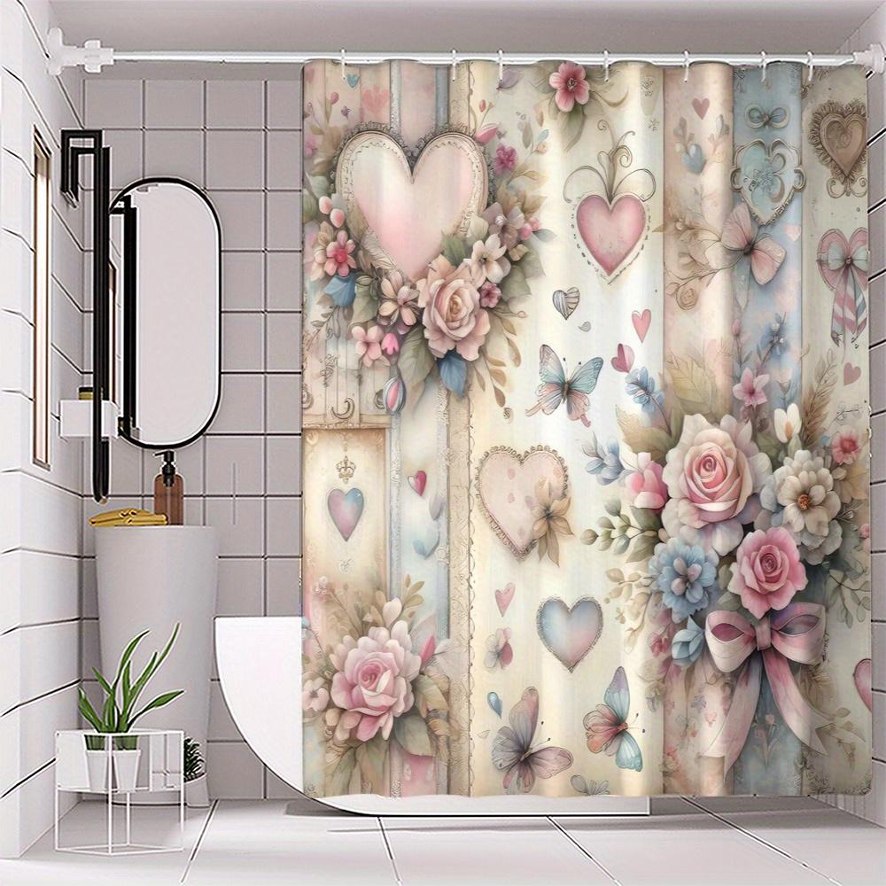Valentine s Day Floral Butterfly Heart Pattern Polyester Shower Curtain - with Pink Roses, Bluebells and Green Leaves 90X180cm