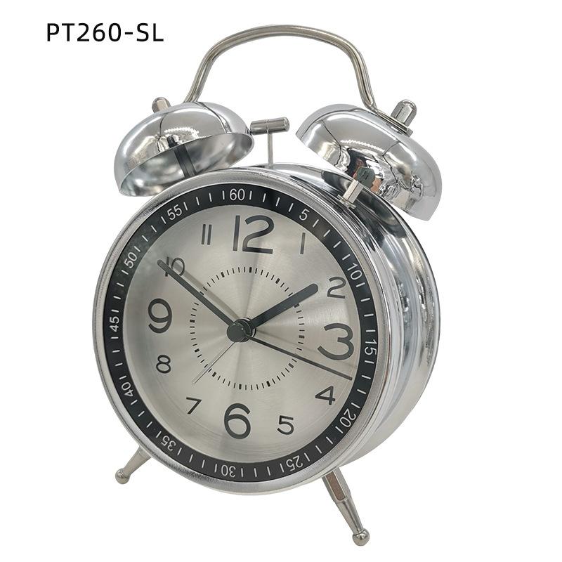 

Бесшумные часы Металлический звонкий будильник Поверхность шкалы Гальваническое покрытие Будильник Двойной звонок Бесшумная алюминиевая поверхность с подсветкой