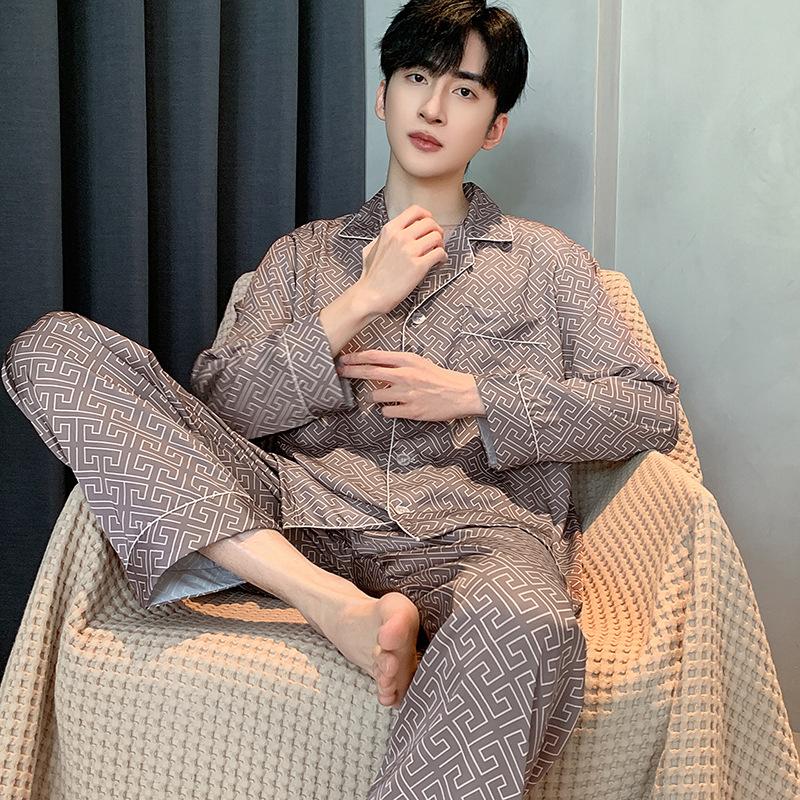 Pajamas Suit Men Summer Ice Silk Short Sleeved Long Pants Thin Male Satin Sleepwear Youth Homewear Set Gentlemen