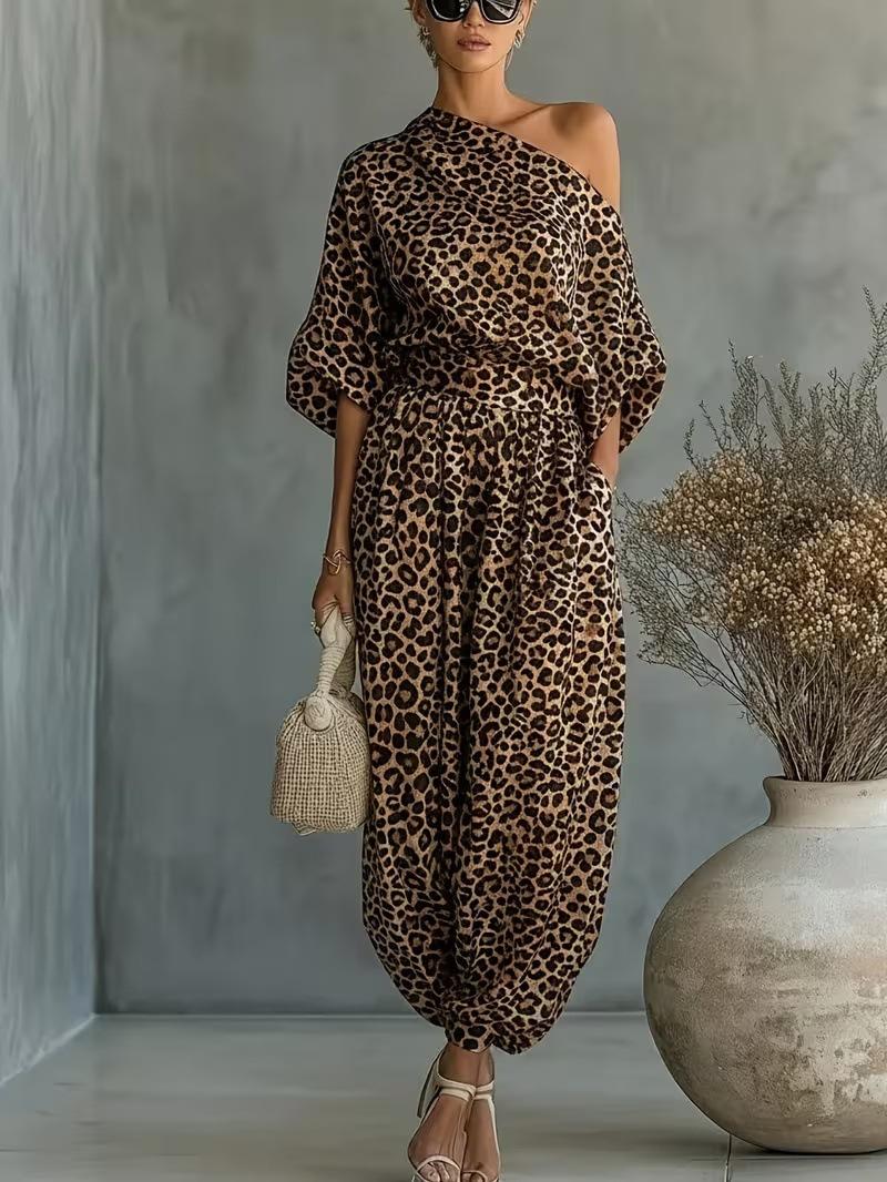 2026 Amazon New Independent Site Bestselling Leopard Print Set, Shoulder Top, Lantern Pants, European and American Style Cross-border Women s Wear S цветной печати леопарда