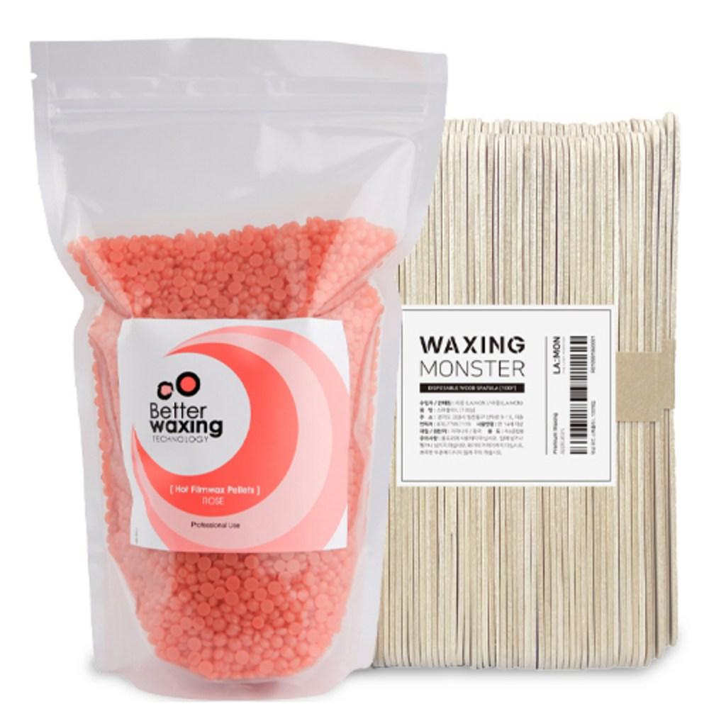 Barrel Waxing Hypoallergenic Hard Pellet Rose Aroma Wax 1kg + Waxing Monster Spatula L 100 Pcs 1 Pcs