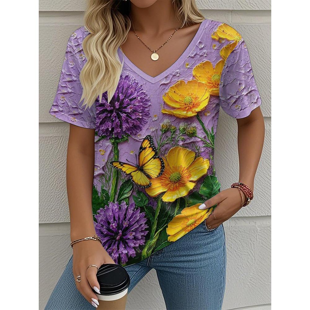 Blumen Damen V-Ausschnitt T-Shirt Sommer Outdoor Lässig Kurzarm Tops Mode 3D-Druck Trendig Übergröße Damenbekleidung