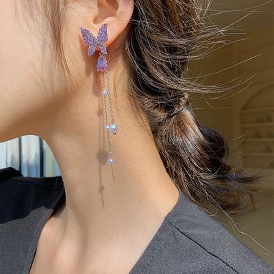 1Pair Long Crystal Tassel Butterfly Dangle Earrings For Women Hanging Earring Jewelry Fashion Imitation Pearls Shiny Charm Drop Earring Brincos