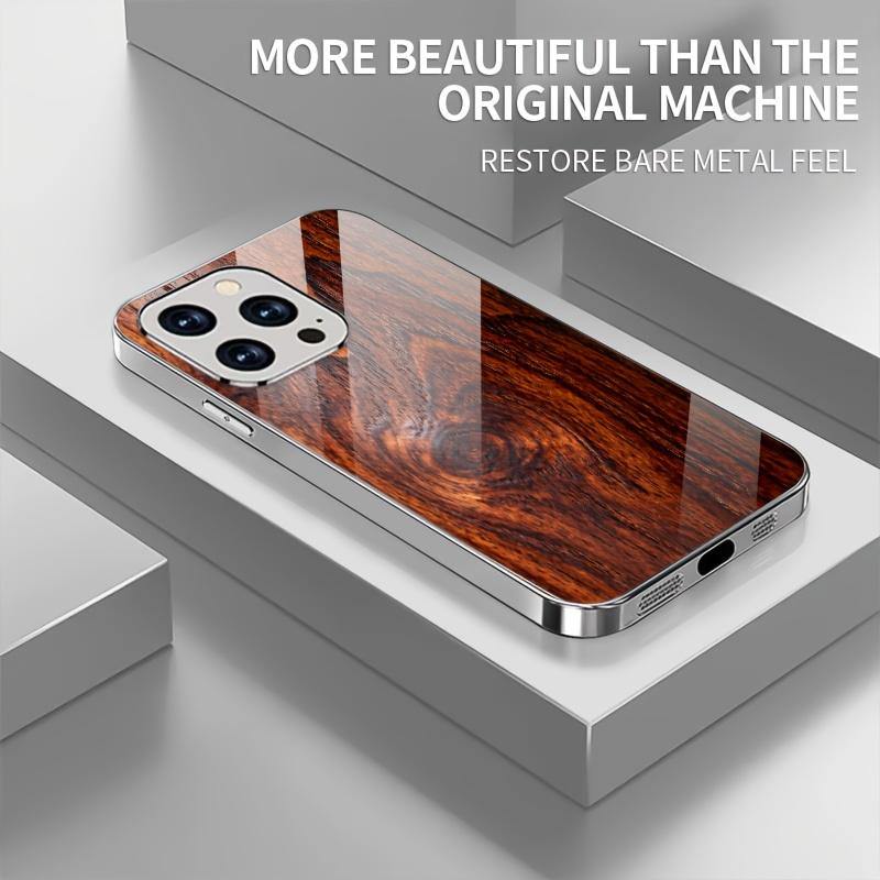 Wood Grain Texture Pattern Electroplated Glass Lens Protection Business Design Phone Case for iPhone 16  17 Pro 15 14 Pro Max