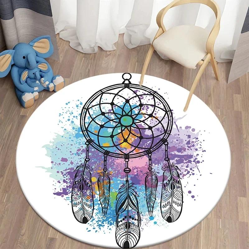 Colorful Dreamcatcher Round Carpet Bohemian Style Rug Anti-slip Floor Mat for Office Bedroom Living Room Kitchen Bathroom Decor