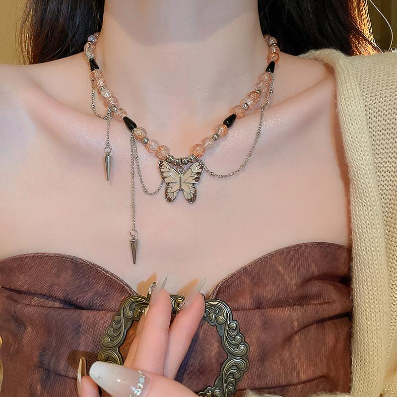 Melad Coffee Colored Tiger Eye Stone Bead Necklace, Niche Retro Collarbone Chain, Personalized and Fashionable Design Accessory