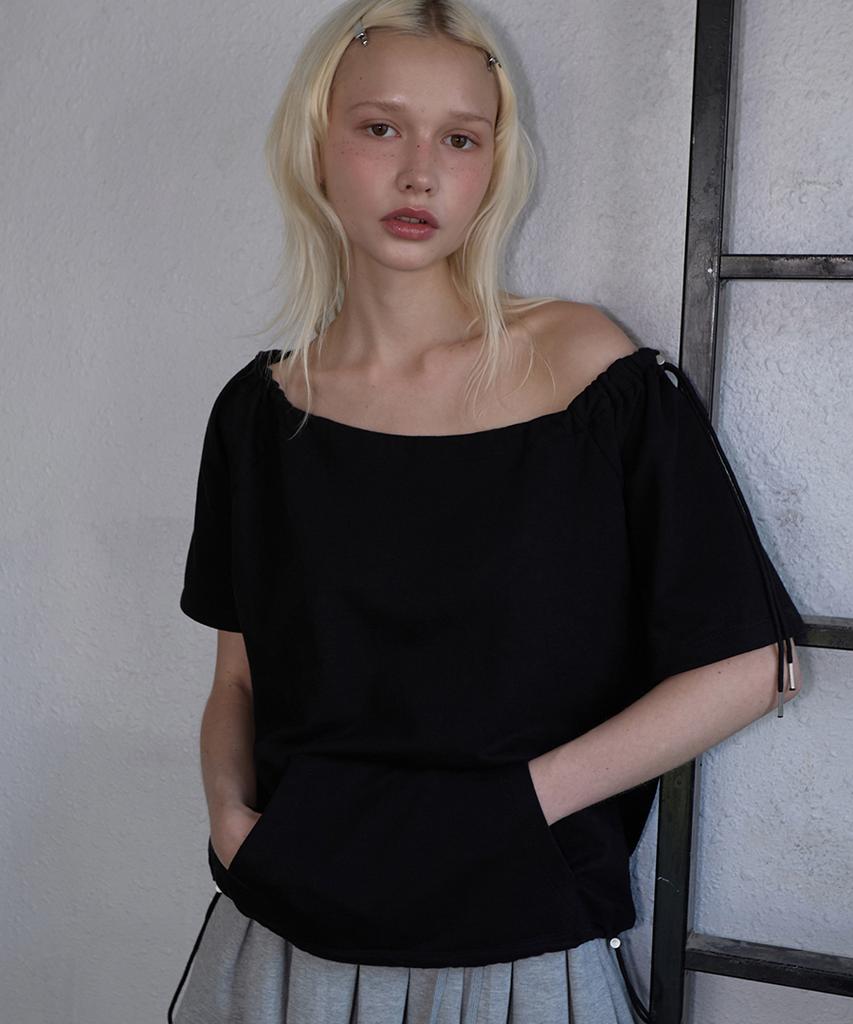 Lense Drawstring Off Shoulder Tee Black