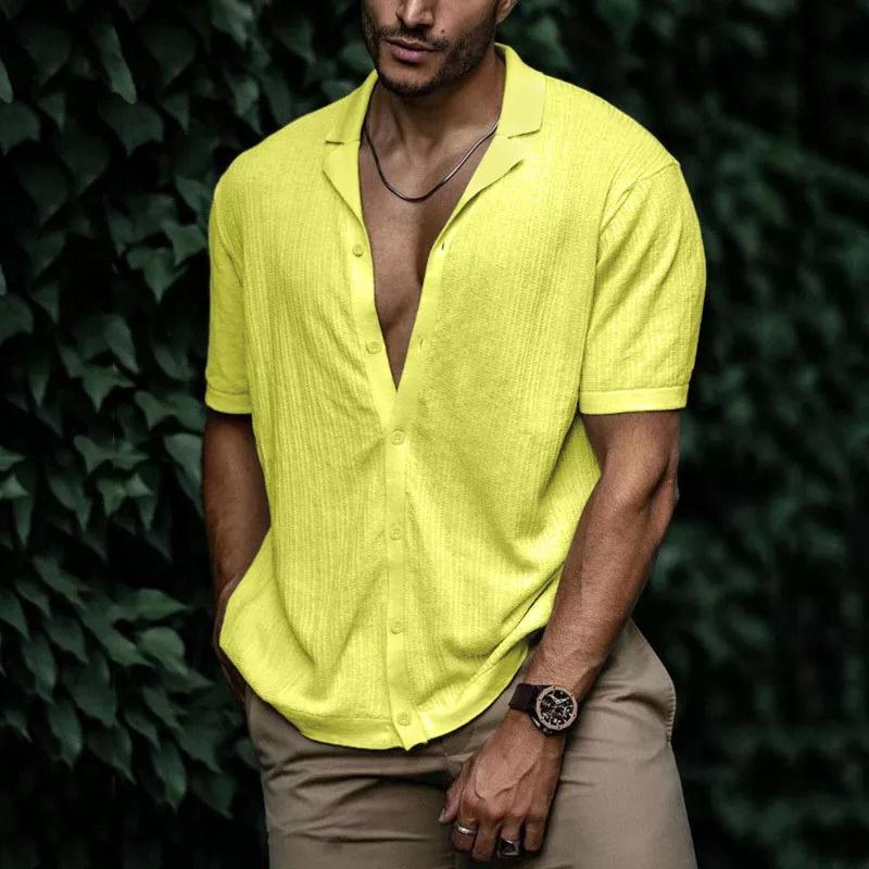 Men s Casual Short Sleeve Shirt Button Down Lightweight Breathable Textured Fabric Relaxed Fit Summer Shirt L жёлтый