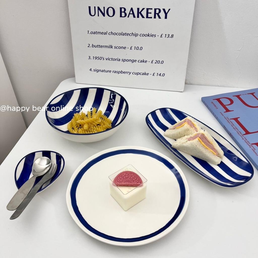 Korean Ins Retro Blue Line Ceramic Bowl Set,One Person Soup Plate Rice Bowl Home Accessories Bowls/Plates/Trays